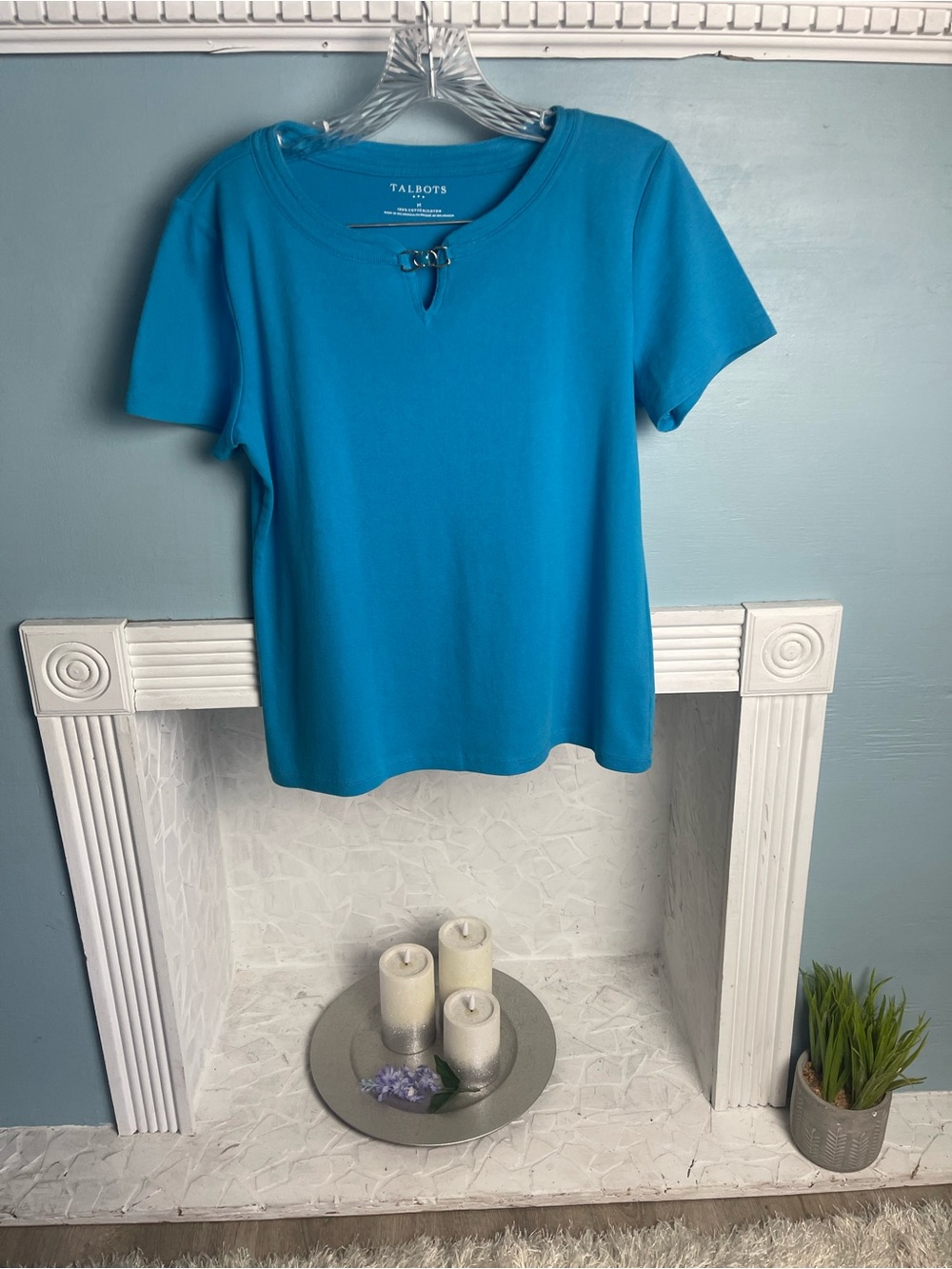 Talbots Bright Turquoise 100% Cotton Short Sleeve Keyhole T-Shirt Top